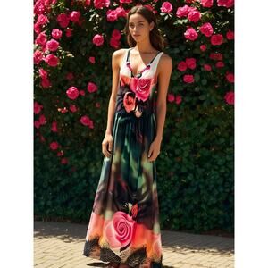 Magic Floral Y2K Floral Halter Maxi Dress Small Smocked Boho Fairy Beach Coastal